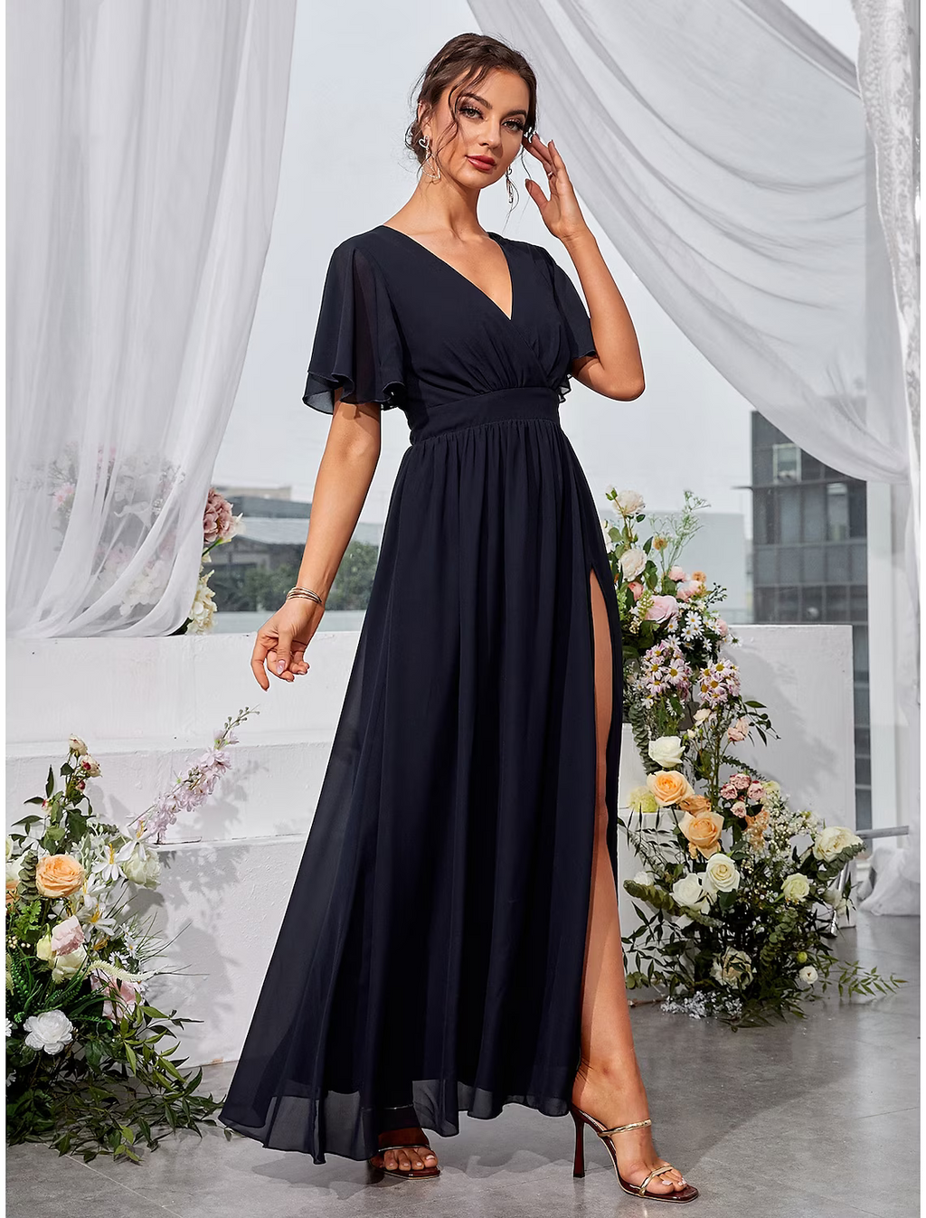 Wedding Guest Dresses Elegant Dress Holiday Floor Length Short Sleeve V Neck Backless with Slit
