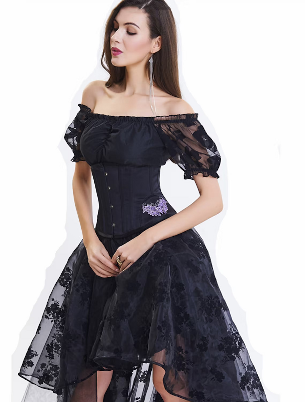 Vintage Dress Asymmetrical Short Sleeve Off Shoulder with Embroidery Appliques