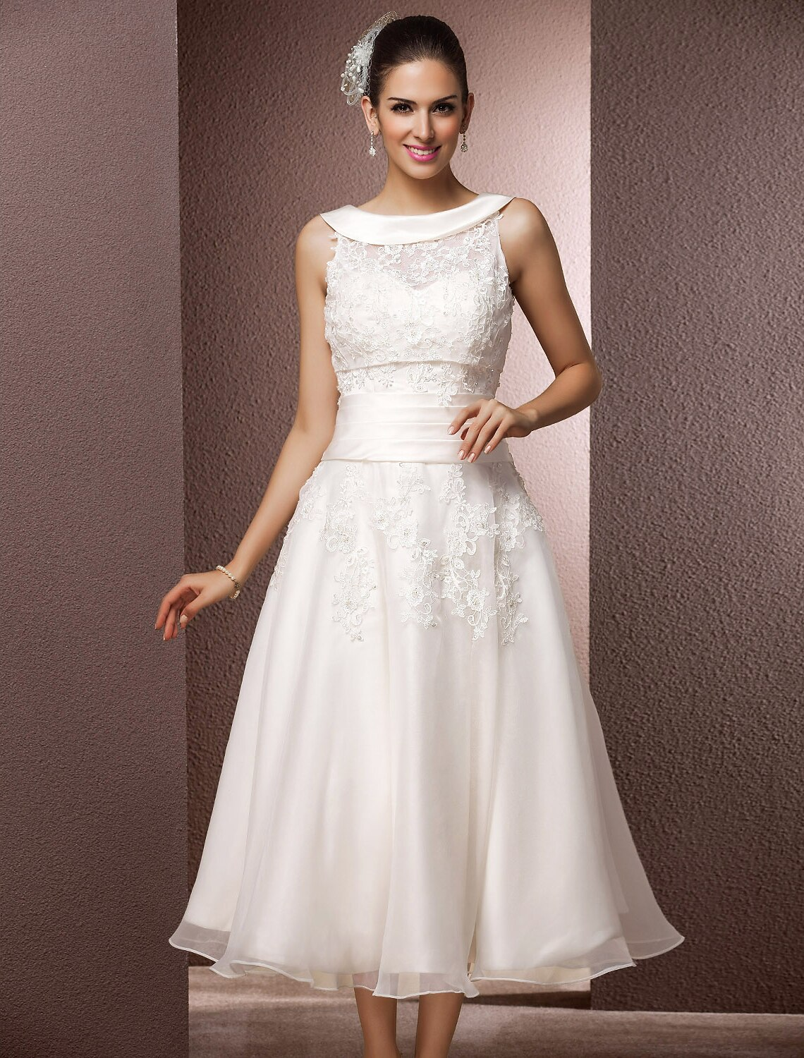 Hall Wedding Dresses Tea Length A-Line Regular Straps Bateau Neck With Pearl Beading