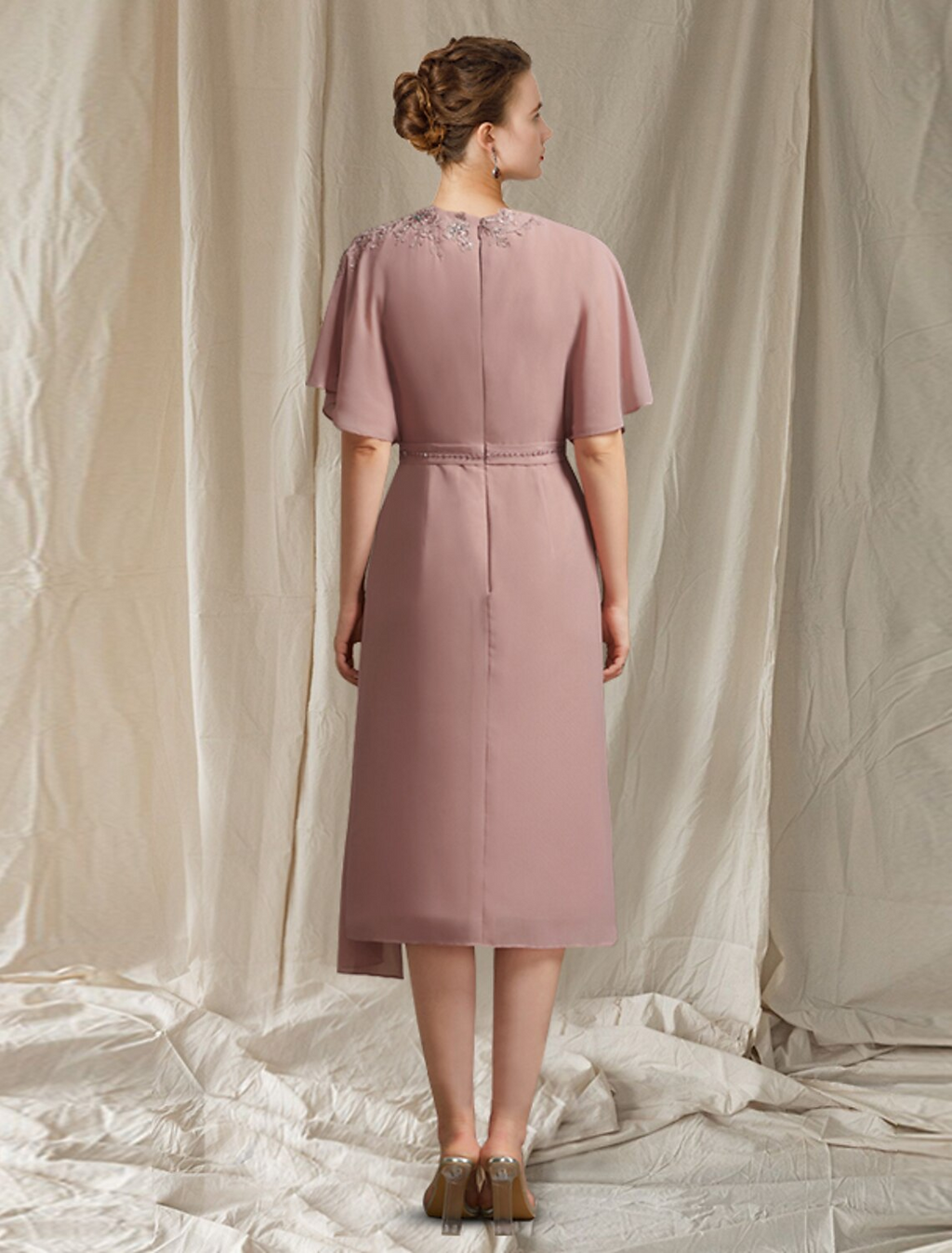 Mother of the Bride Dress Elegant Jewel Neck Floor Length Sleeve with Pleats Appliques