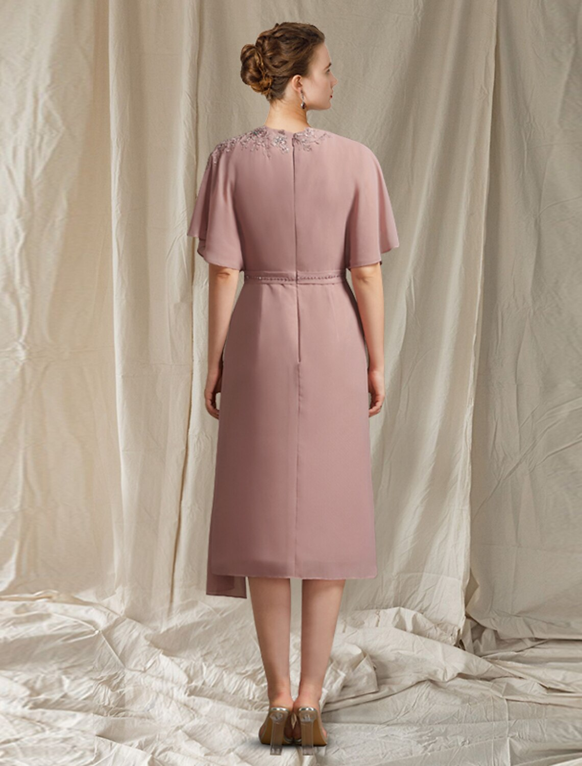 Mother of the Bride Dress Elegant Jewel Neck Floor Length Sleeve with Pleats Appliques