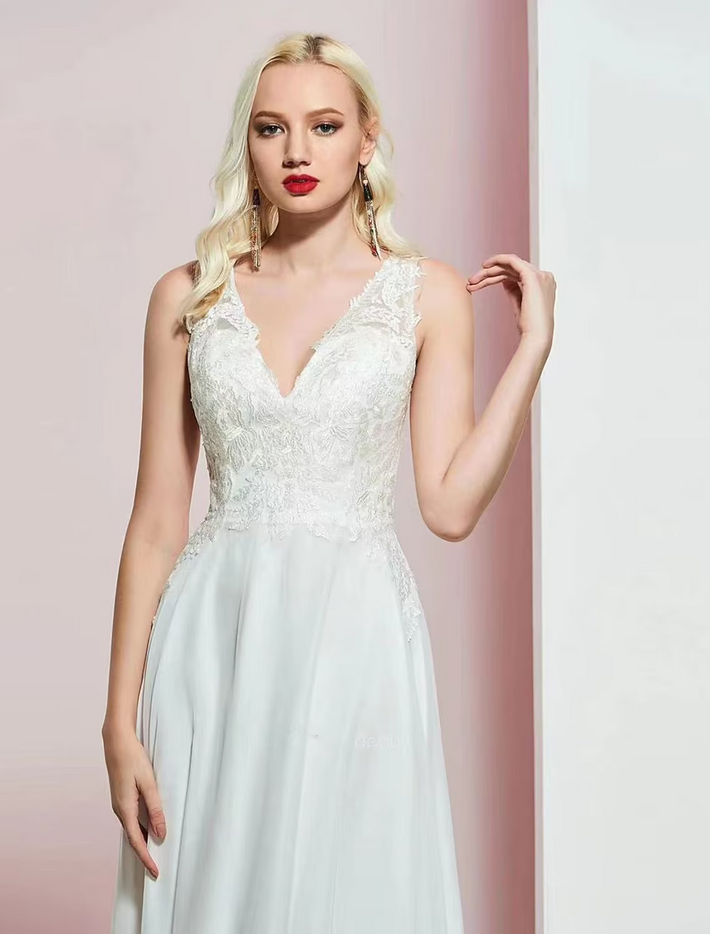 Evening Gown Open Back Dress Wedding Party Floor Length Sleeveless V Neck with Appliques