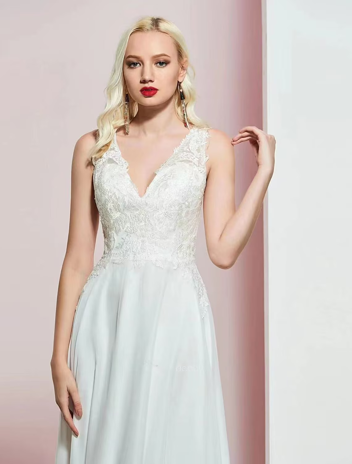 Evening Gown Open Back Dress Wedding Party Floor Length Sleeveless V Neck with Appliques