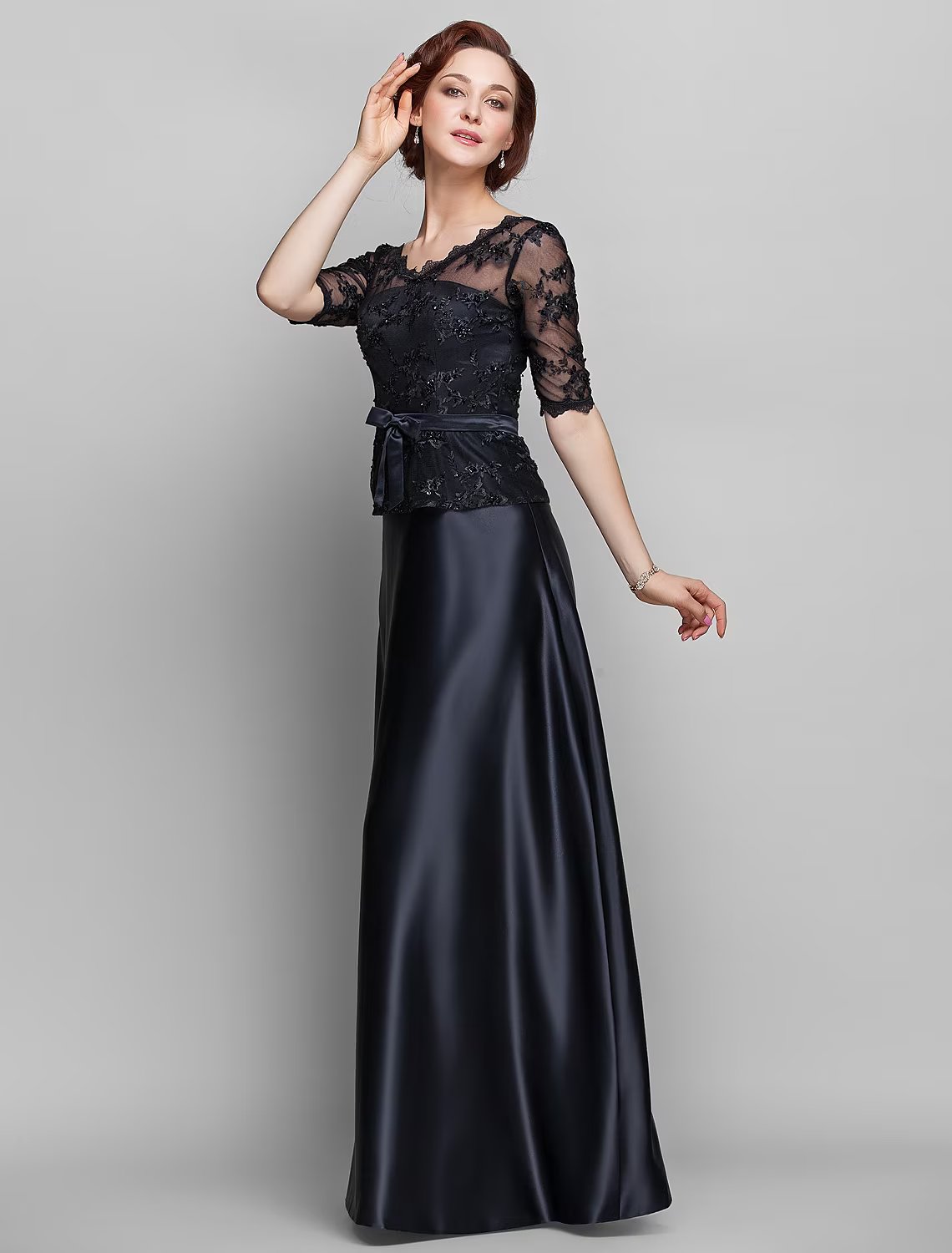 Mother of the Bride Dress V Neck Floor Length Half Sleeve with Bow(s) Beading