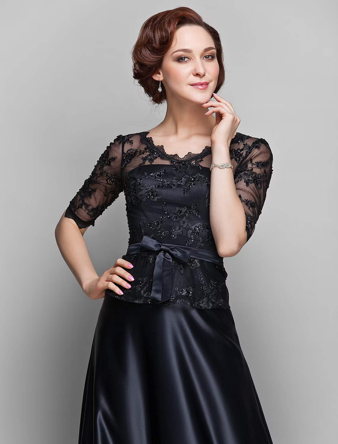 Mother of the Bride Dress V Neck Floor Length Half Sleeve with Bow(s) Beading