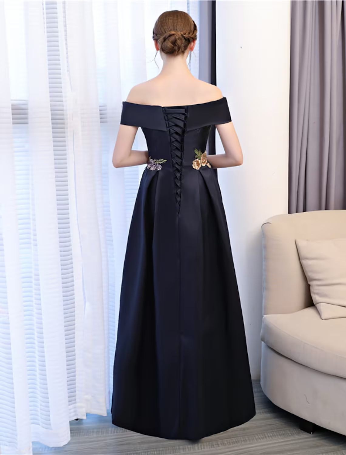 Floral Dress Wedding Guest Floor Length Sleeveless Off Shoulder with Embroidery Appliques