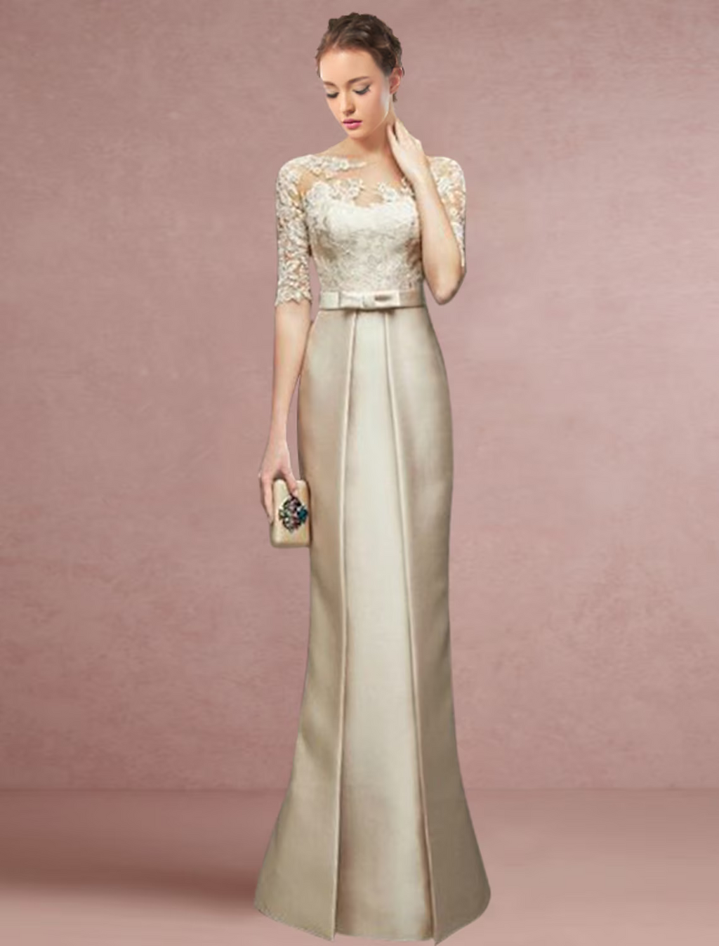 Mother of the Bride Dress Wedding Guest Party Elegant Floor Length Half Sleeve with Bow(s) Ruching