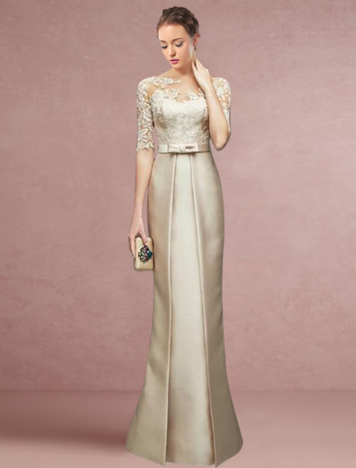 Mother of the Bride Dress Wedding Guest Party Elegant Floor Length Half Sleeve with Bow(s) Ruching
