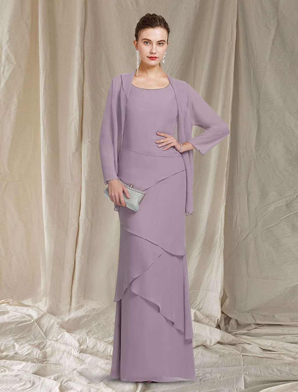 Two Piece Mother of the Bride Dress Elegant Scoop Neck Floor Length Sleeveless Wrap Included with Beading Cascading Ruffles