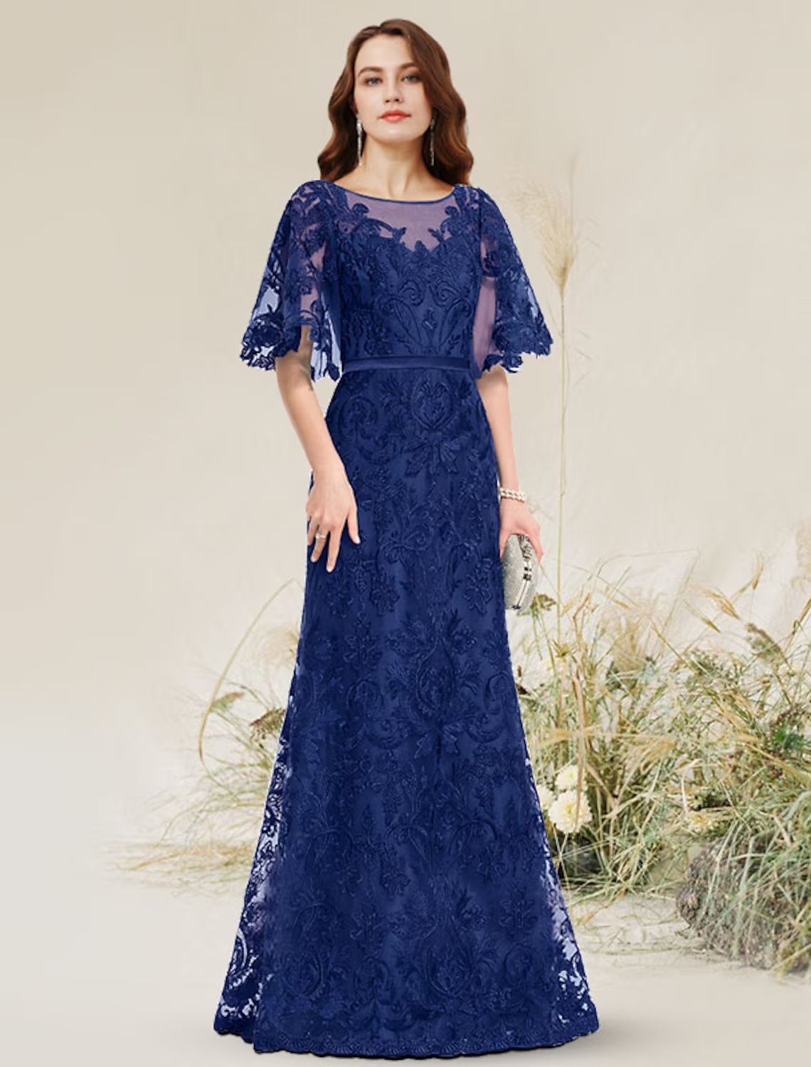 Evening Gown Elegant Dress Engagement Floor Length Short Sleeve Jewel Neck