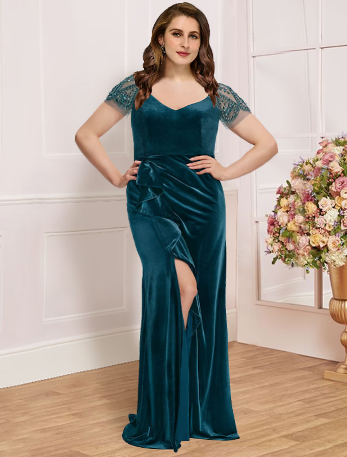 Plus Size Curve Mother of the Bride Dress Formal Vintage Elegant V Neck Short Sleeve with Ruffles Split Front