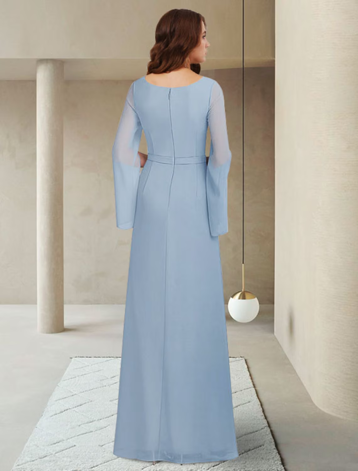 Mother of the Bride Dress Elegant V Neck Ankle Length Long Sleeve with Crystal Brooch Ruching