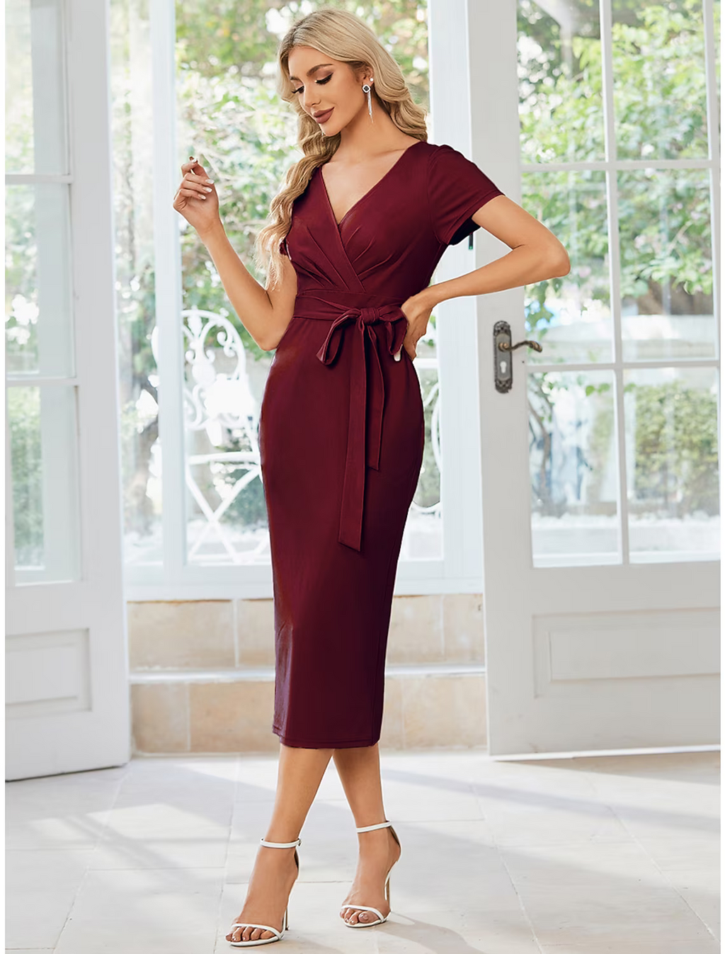 Wedding Guest Dresses Dress Party Wear Length Short Sleeve V Neck Fabric with Slit Strappy