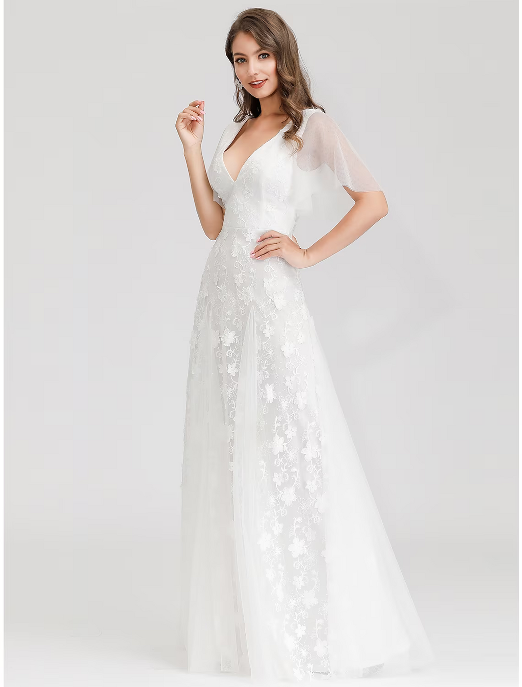 Bridal Shower Wedding Dresses A-Line Short Sleeve V Neck With Appliques
