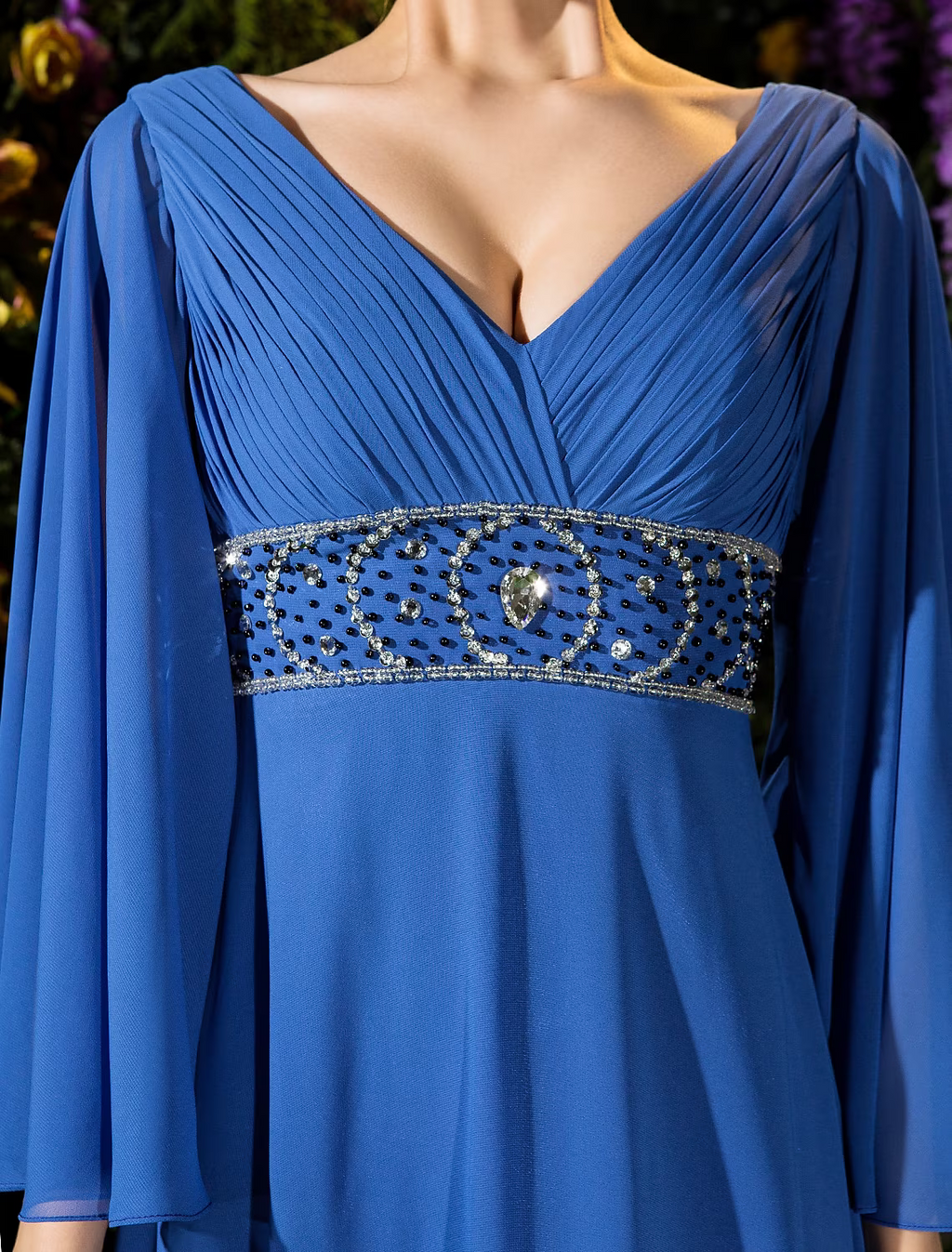Mother of the Bride Dress Vintage Inspired V Neck Floor Length Long Sleeve with Crystals Beading Side Draping