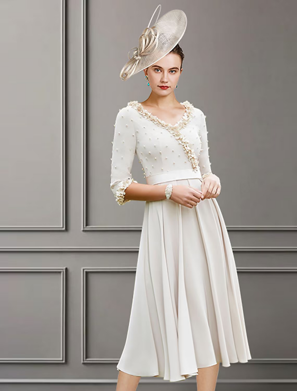 Mother of the Bride Dress Elegant V Neck Length Fabric Length Sleeve with Pleats Pearls