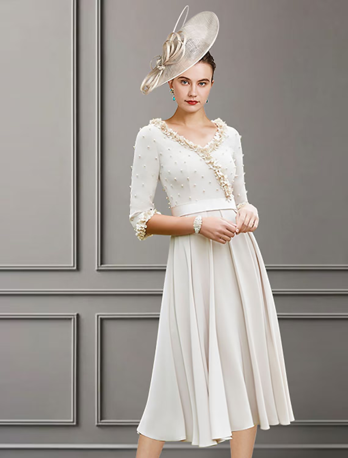 Mother of the Bride Dress Elegant V Neck Length Fabric Length Sleeve with Pleats Pearls