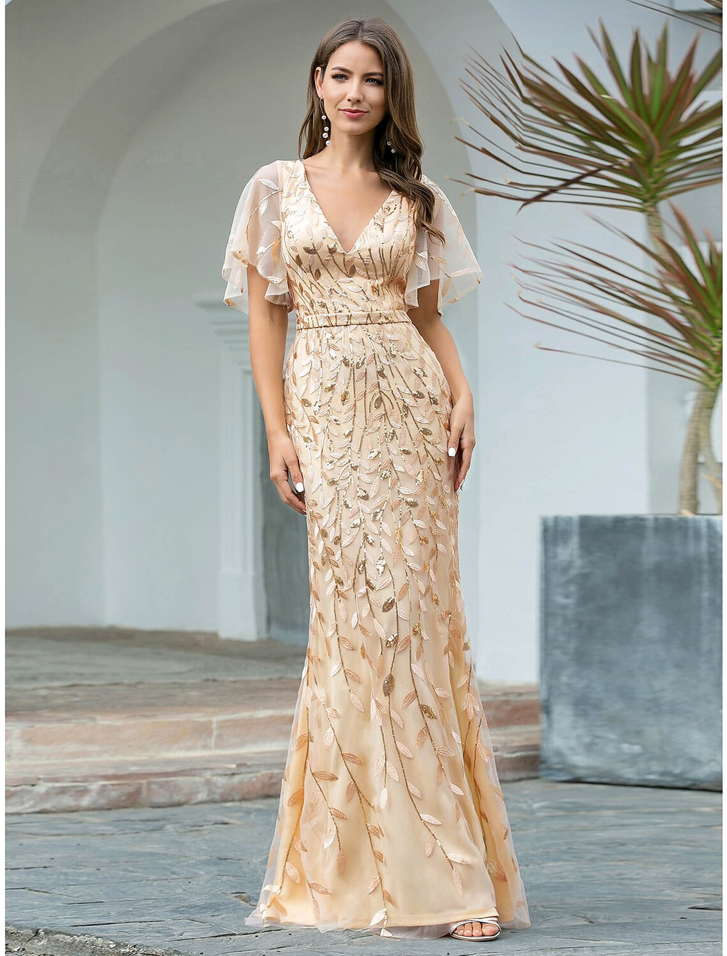 Evening Gown Sparkle Dress Wedding Guest Floor Length Short Sleeve V Neck