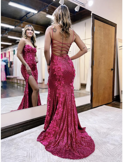 Elegant Red Mermaid Classic-Neck Sleeveless Backless Floor-Length Evening Dress