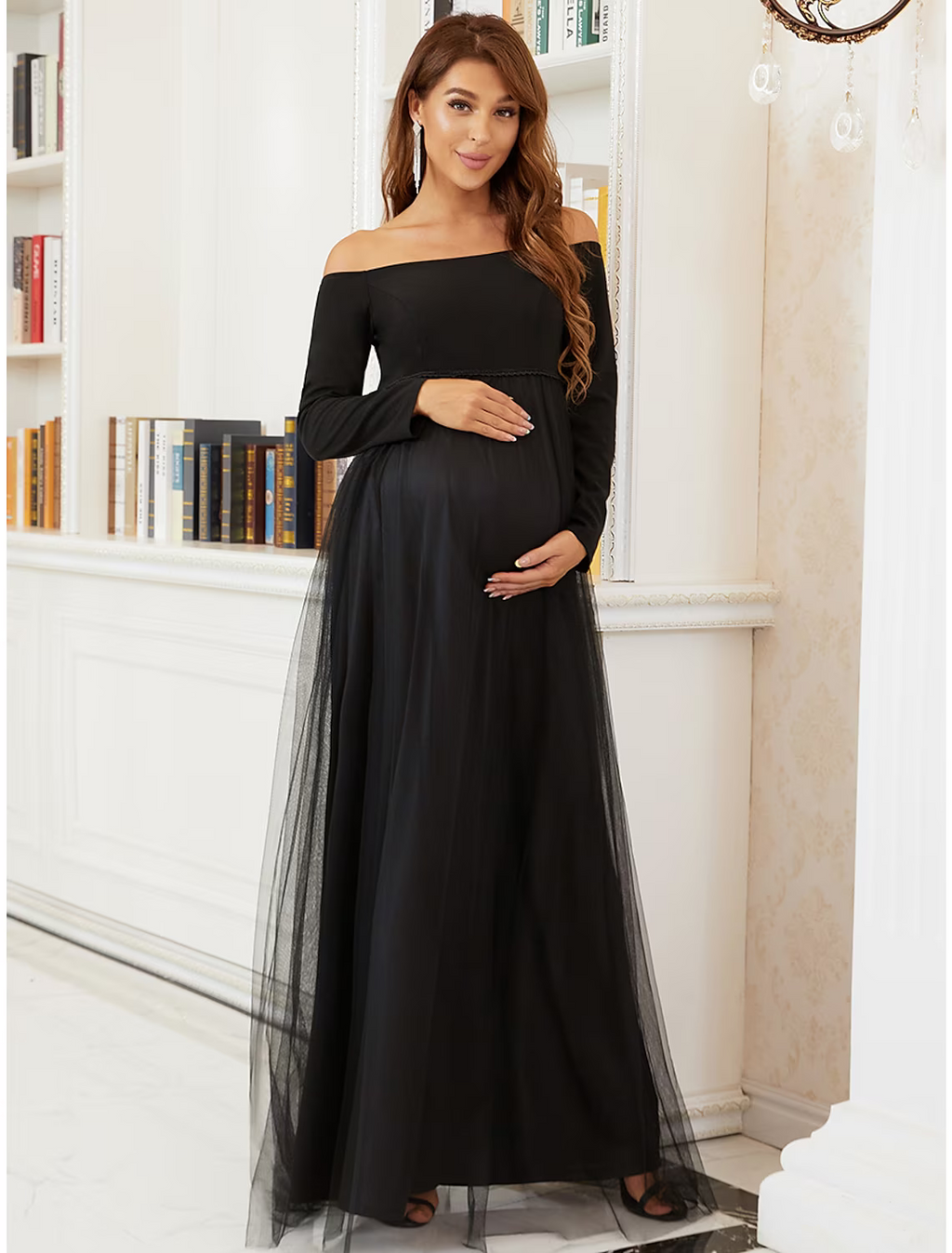 Mother of the Bride Dress Maternity Elegant Off Shoulder Floor Length Long Sleeve with Tier