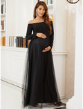 Mother of the Bride Dress Maternity Elegant Off Shoulder Floor Length Long Sleeve with Tier