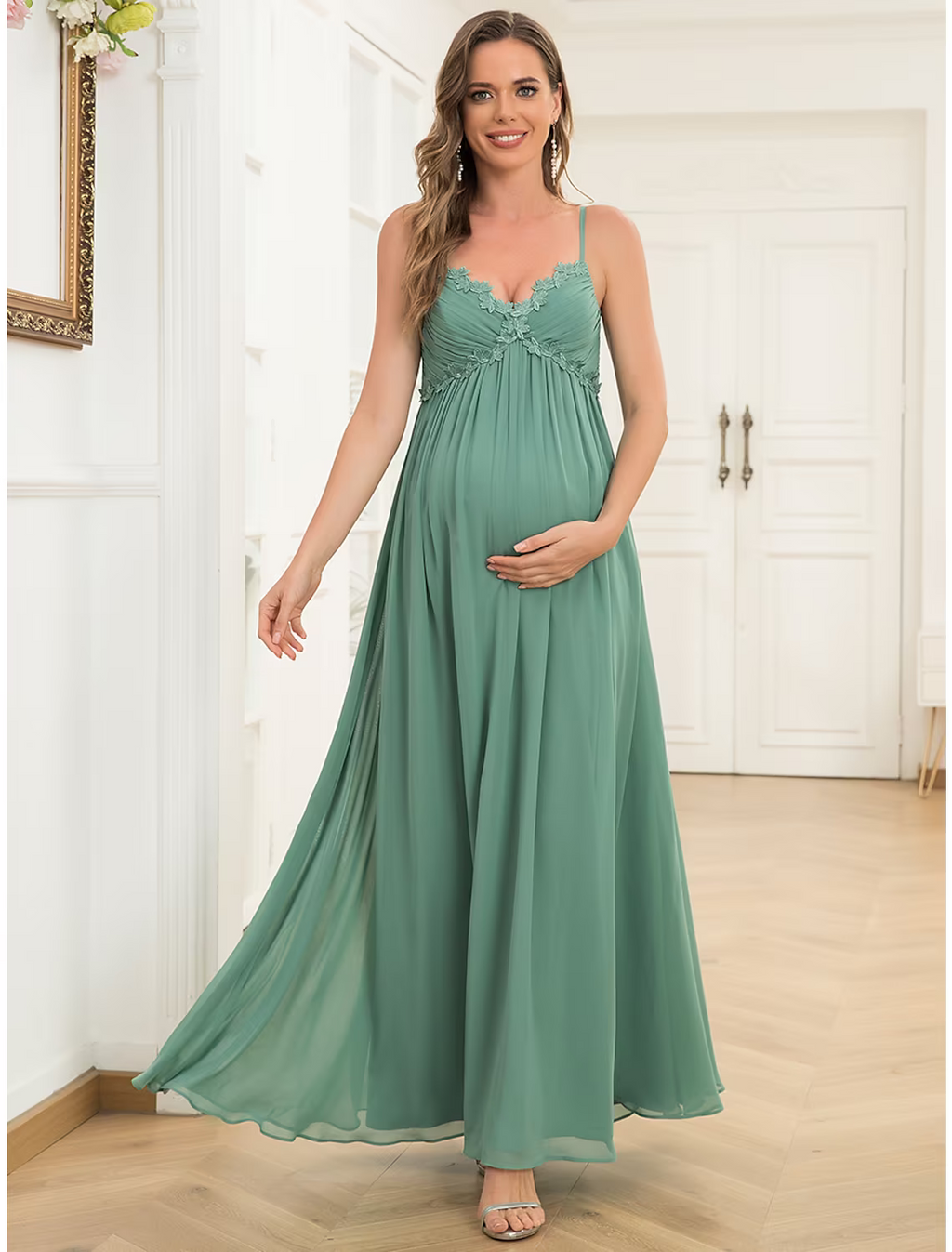 Evening Gown Maternity Dress Wedding Guest Floor Length Sleeveless V Neck V Back with Draping