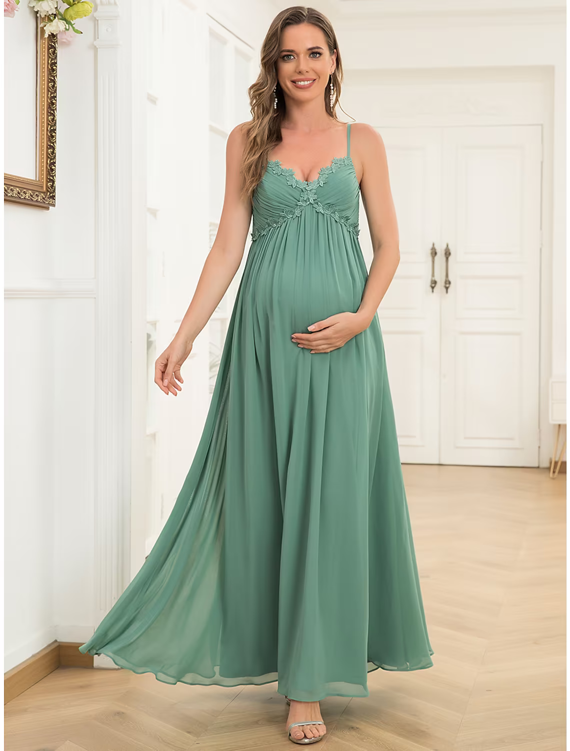 Evening Gown Maternity Dress Wedding Guest Floor Length Sleeveless V Neck V Back with Draping
