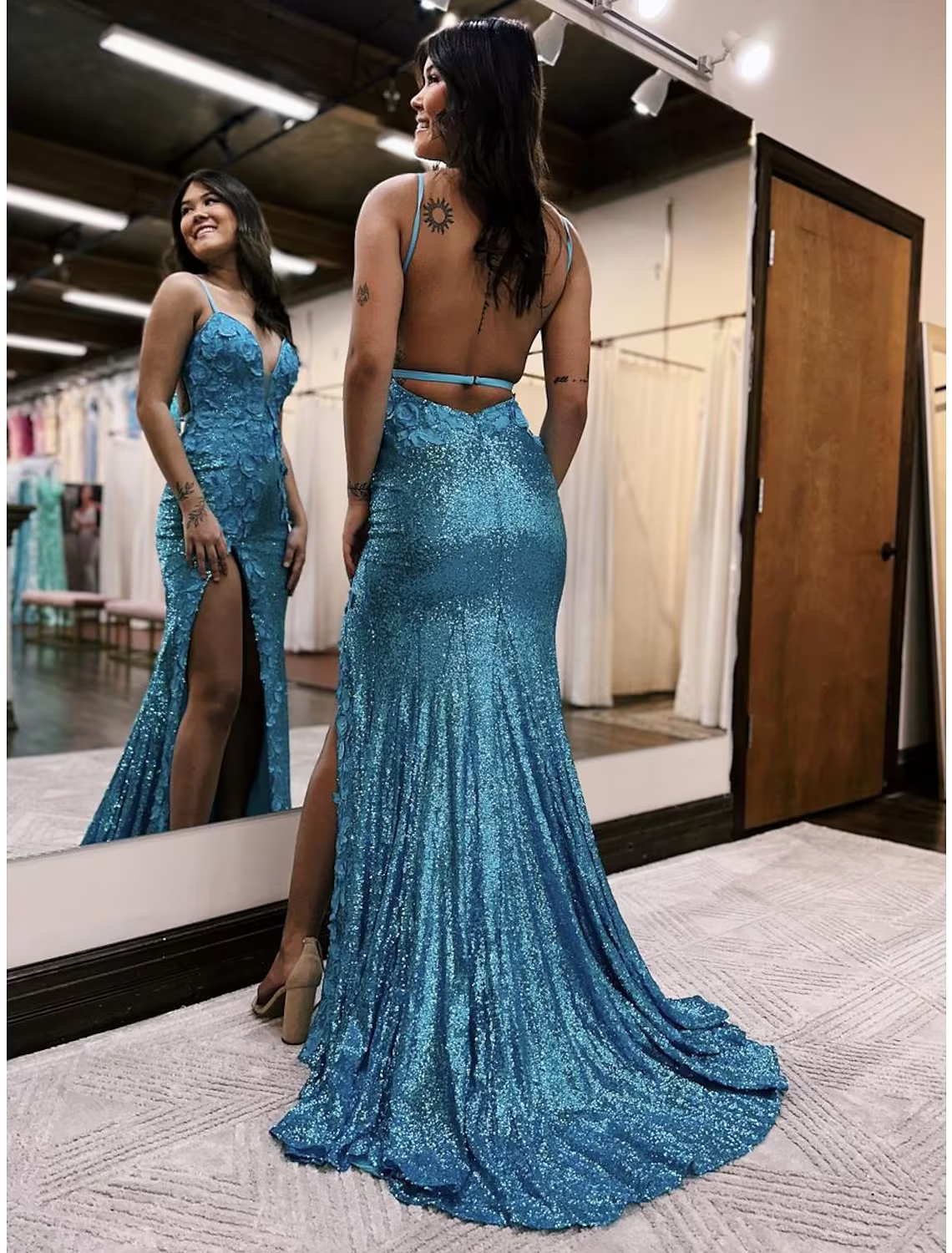 Sparkle Shine Dress Formal Sleeveless V Neck Backless with Appliques
