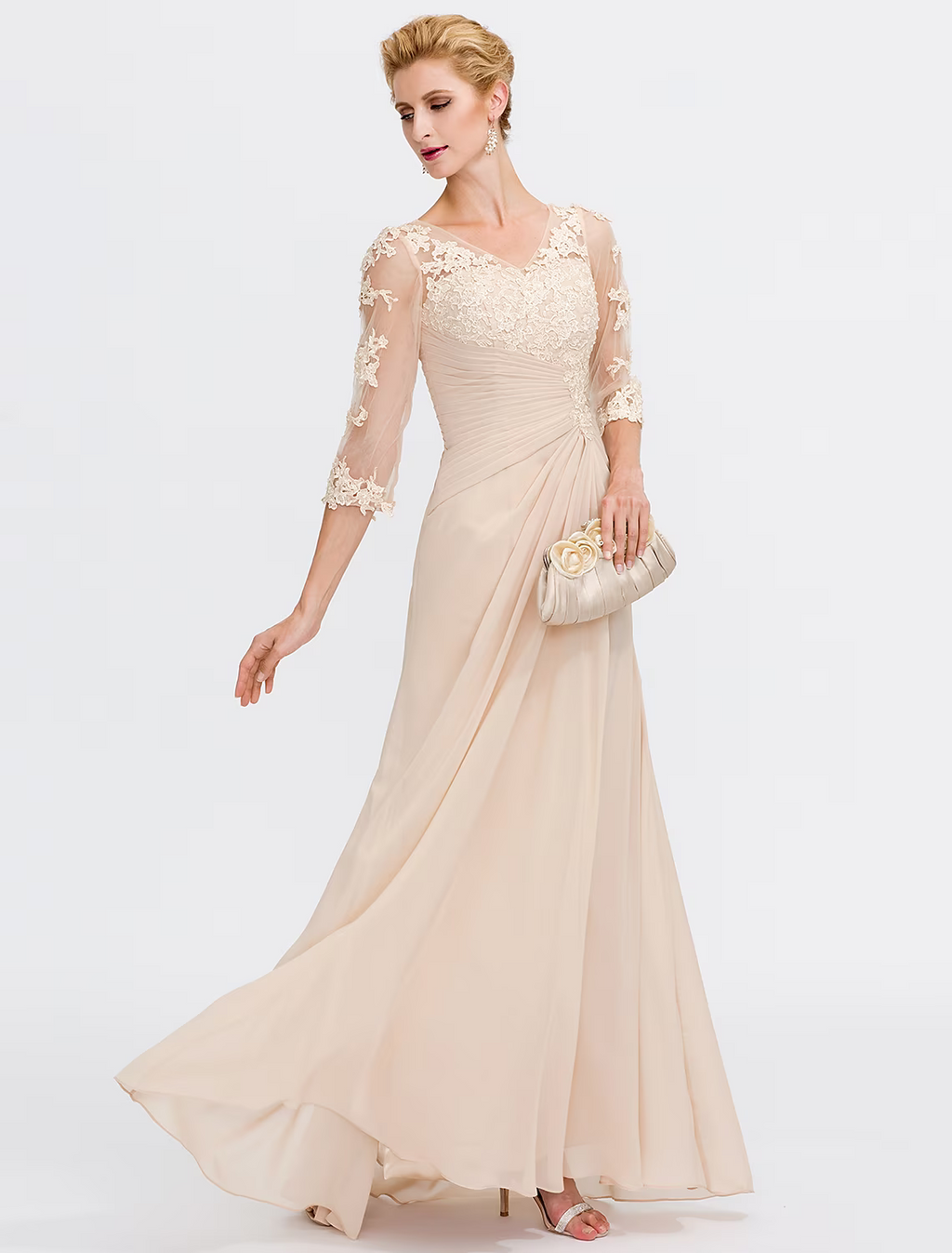 Mother of the Bride Dress Plus Size Elegant Through V Neck Floor Length Half Sleeve with Appliques Side Draping