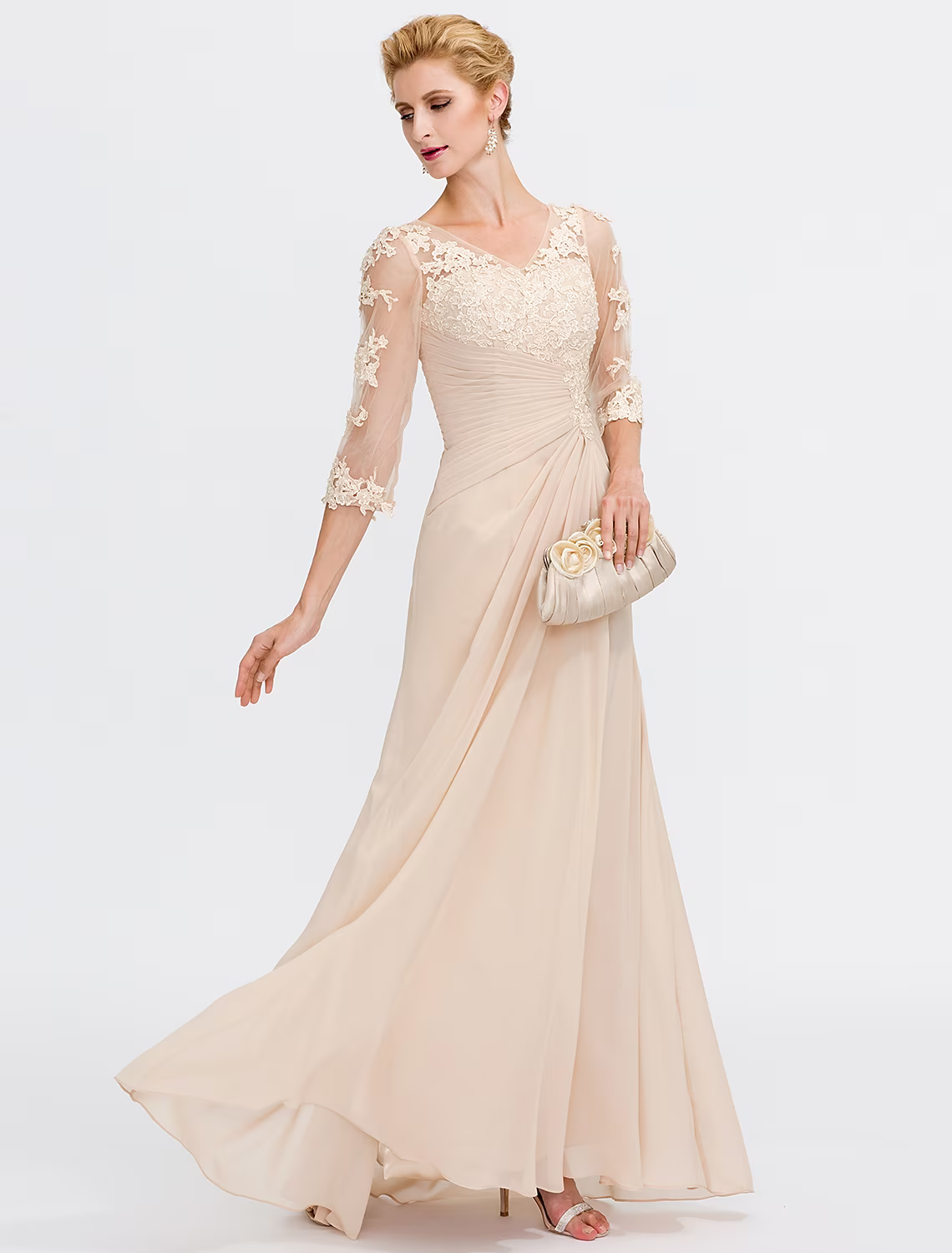 Mother of the Bride Dress Plus Size Elegant Through V Neck Floor Length Half Sleeve with Appliques Side Draping