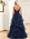 Evening Gown Elegant Dress Formal Wedding Guest Sweep / Brush Train Sleeveless Spaghetti Strap with Ruched Ruffles Slit