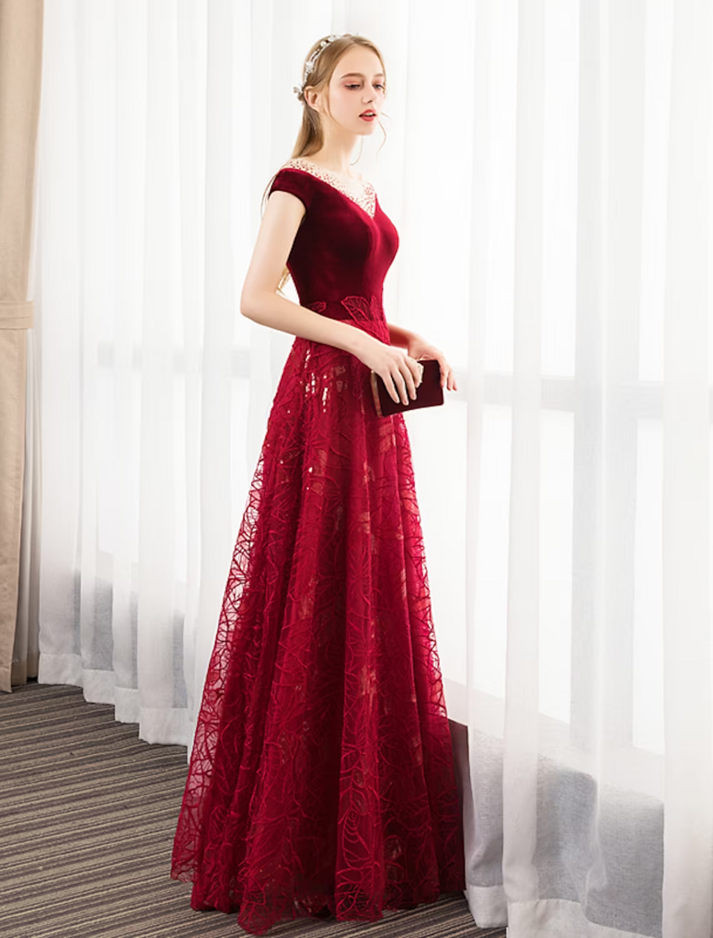 Glittering Dress Engagement Floor Length Short Sleeve Jewel Neck with Pleats Crystals Pattern Print