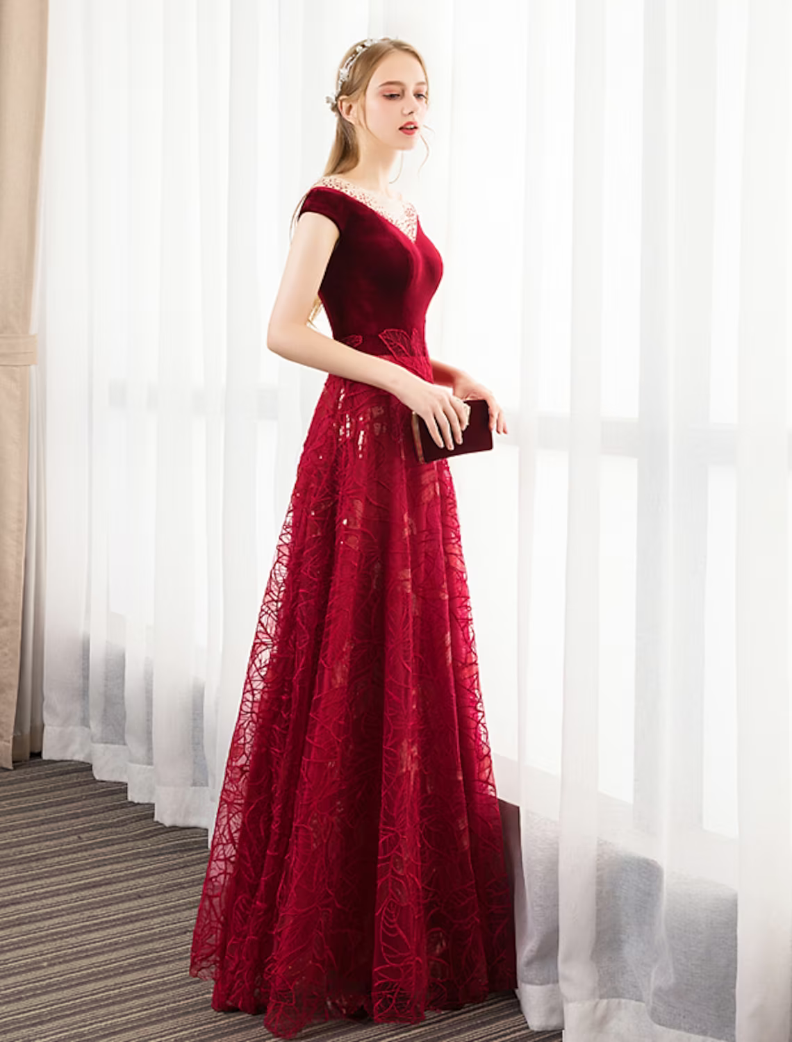 Glittering Dress Engagement Floor Length Short Sleeve Jewel Neck with Pleats Crystals Pattern Print