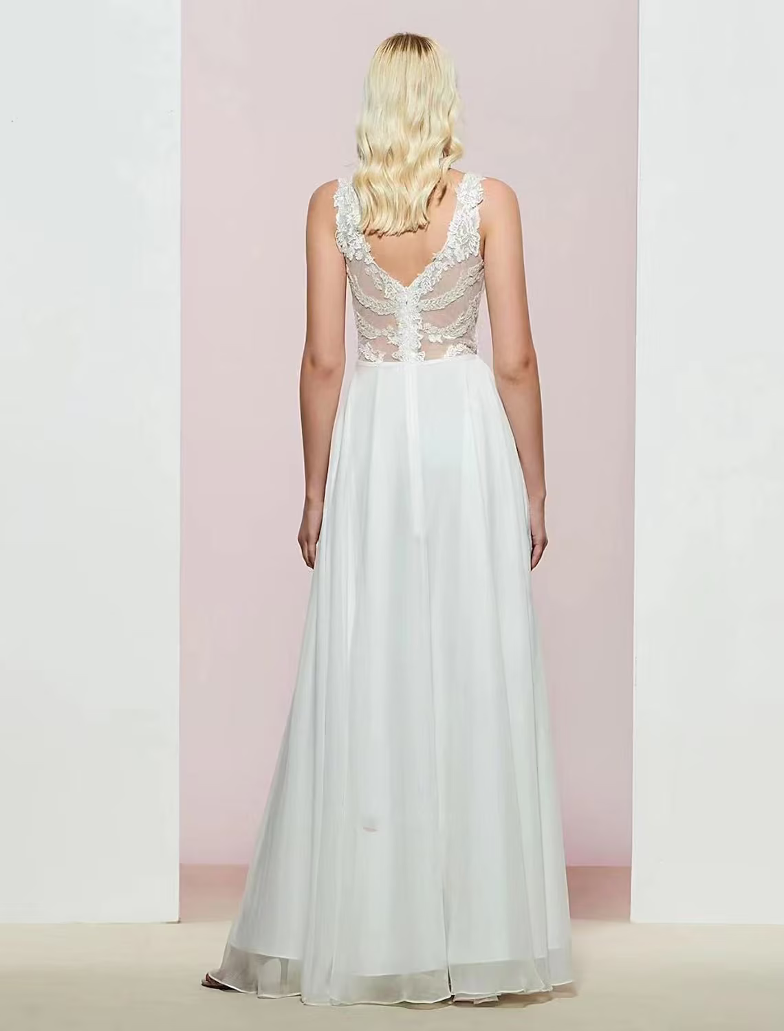 Evening Gown Open Back Dress Wedding Party Floor Length Sleeveless V Neck with Appliques