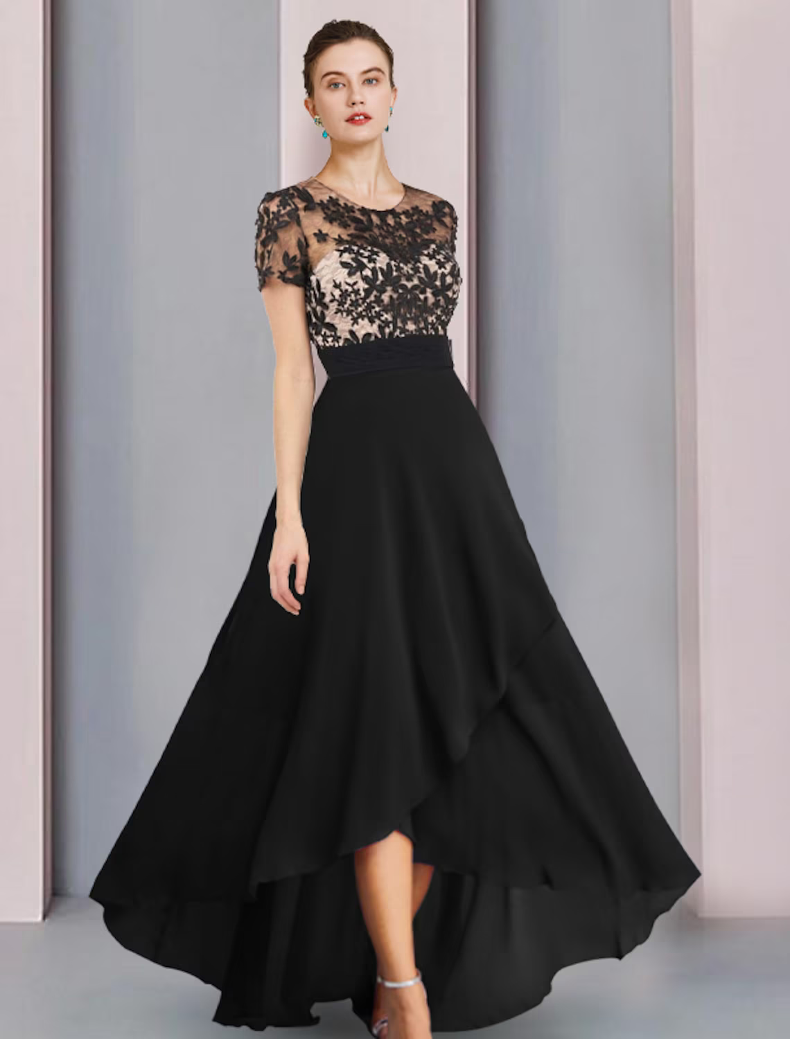 Mother of the Bride Dress Wedding Guest Vintage Elegant Scoop Neck Asymmetrical Short Sleeve with Pleats