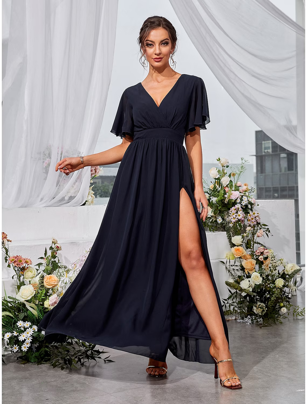 Wedding Guest Dresses Elegant Dress Holiday Floor Length Short Sleeve V Neck Backless with Slit