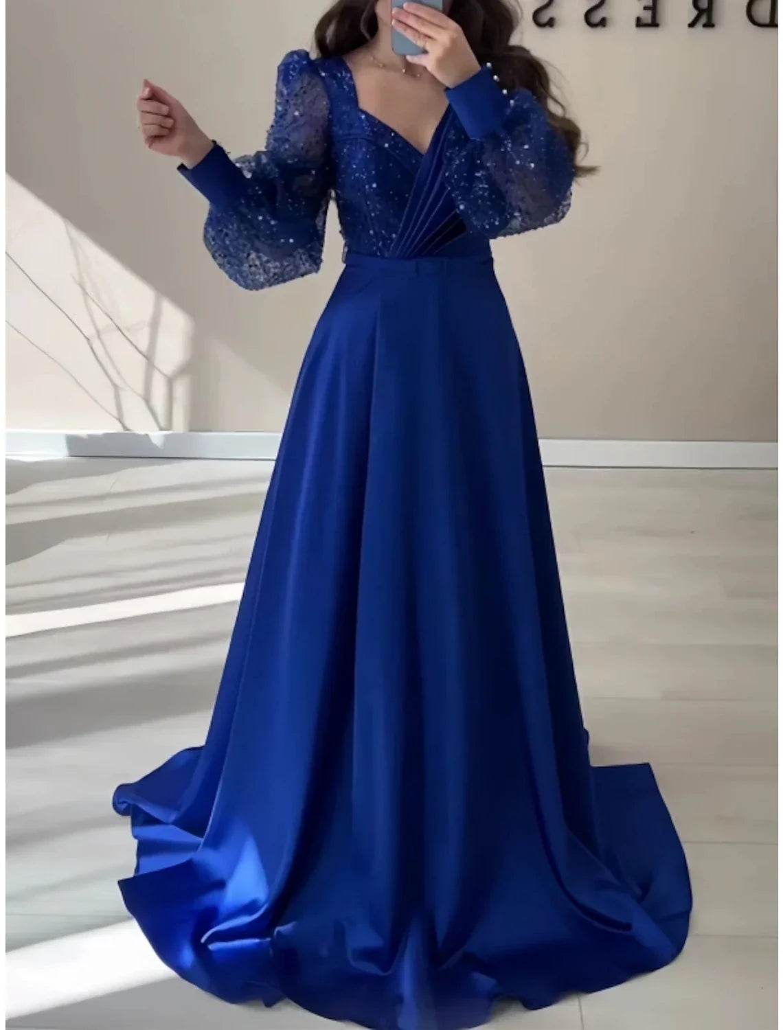 Evening Gown Elegant Dress Formal Fall Sweep / Brush Train Long Sleeve V Neck with Glitter Pleats Strappy