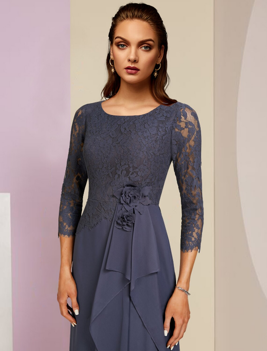 Mother of the Bride Dress Wedding Guest Party Elegant Scoop Neck Floor Length Sleeve with Ruffles Appliques