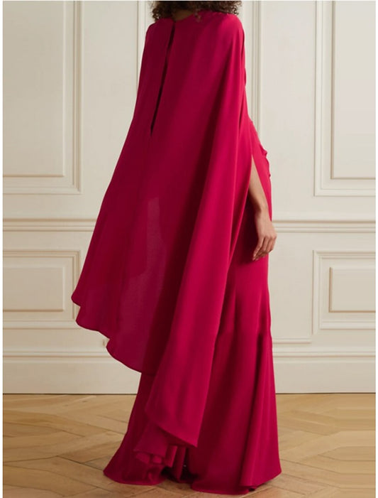 Elegant Red Pleated A-Line Scoop-Neck Long-Sleeve Classic-Back Floor-Length Evening Dress