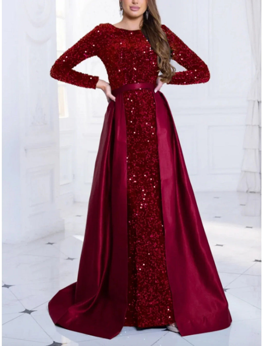 Black Evening Gown Sparkle & Shine Dress Plus Size Formal Fall Sweep / Brush Train Long Sleeve Jewel Neck with Glitter Pleats