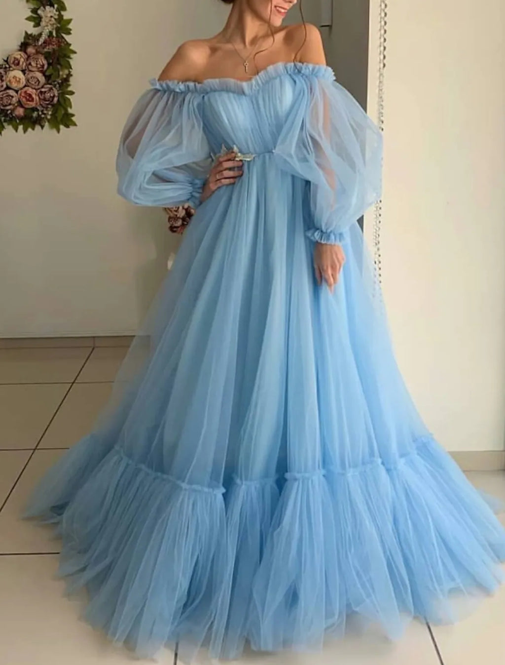 Engagement Prom Dress Off Shoulder Long Sleeve Floor Length Pleats Appliques