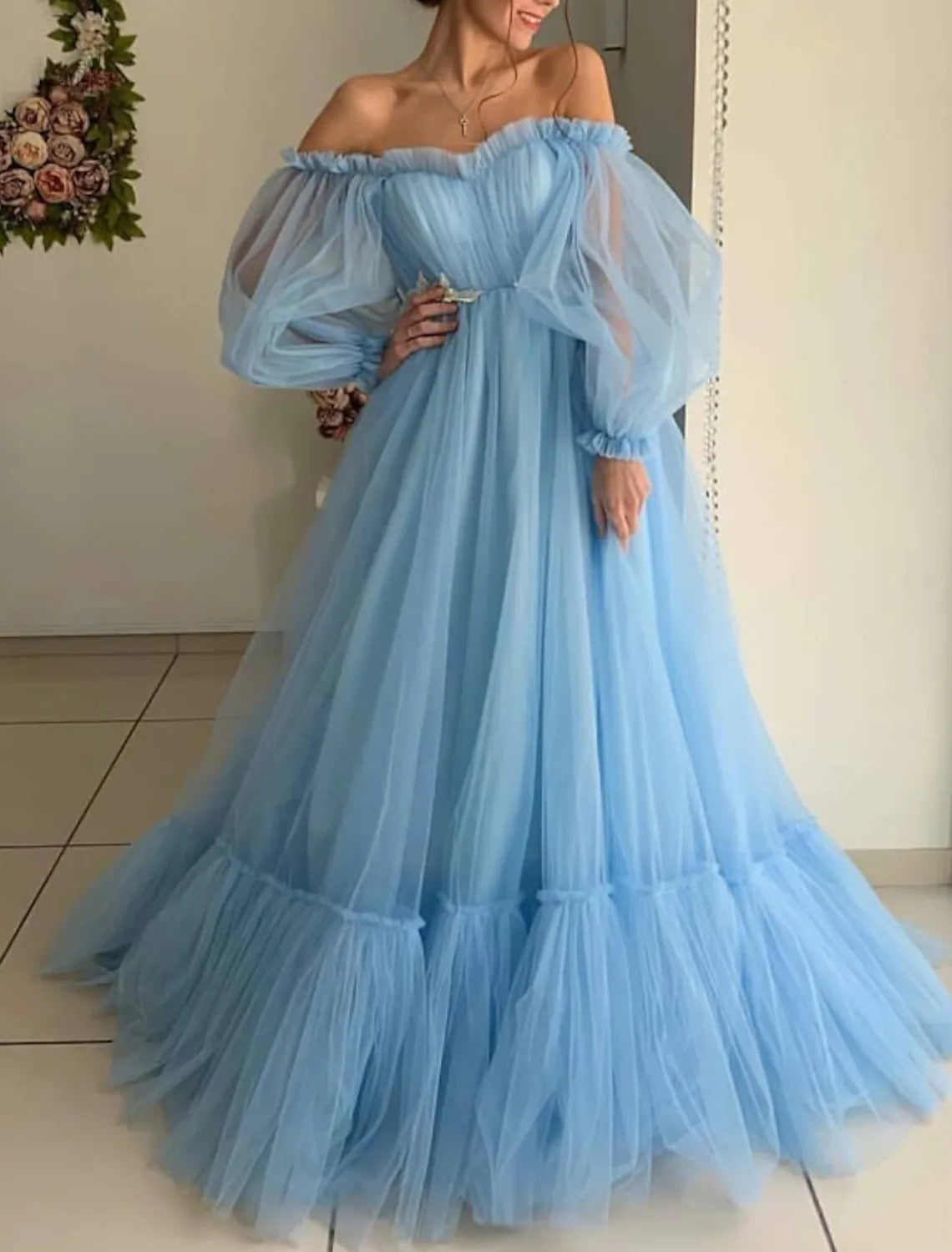 Engagement Prom Dress Off Shoulder Long Sleeve Floor Length Pleats Appliques