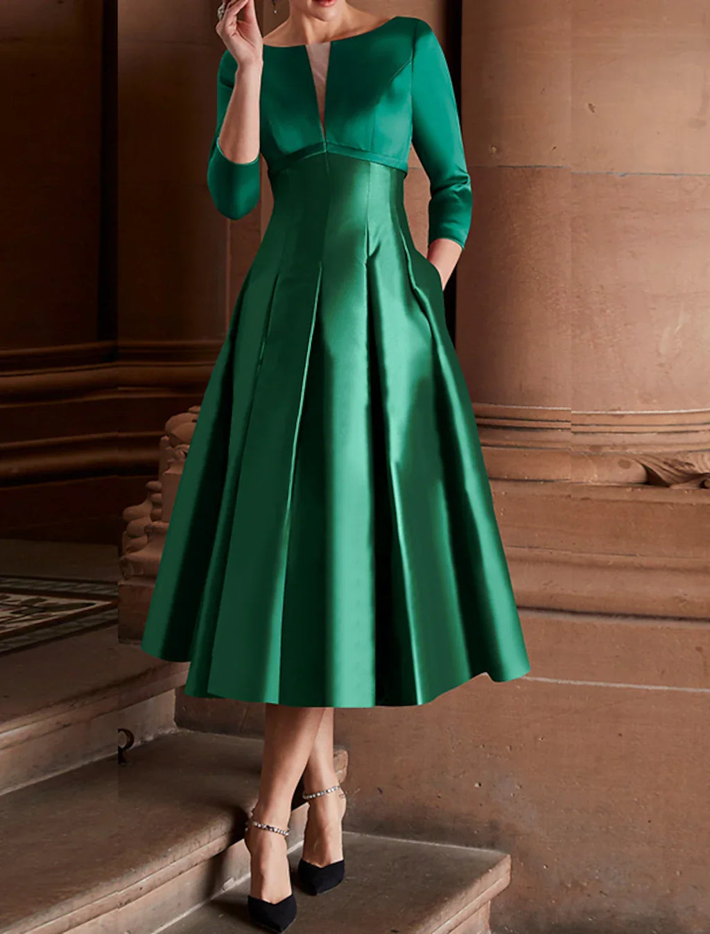 Green Cocktail Dresses Minimalist Dress Christmas Red Dress Wedding Guest Tea Length 3/4 Length Sleeve Jewel Neck Fall Wedding Guest with Pleats