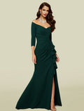 Mother of the Bride Dress Elegant Sexy Off Shoulder V Neck Court Train Fabric 3/4 Length Sleeve with Draping Split Front