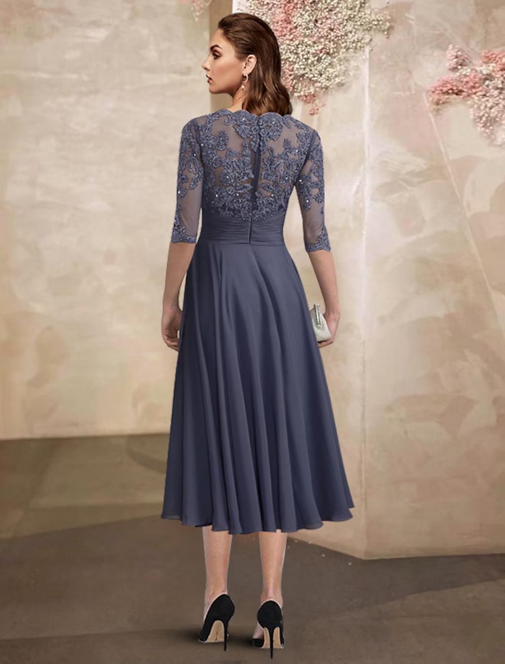Mother of the Bride Dress Plus Size Elegant Tea Length Half Sleeve with Ruched Beading Appliques