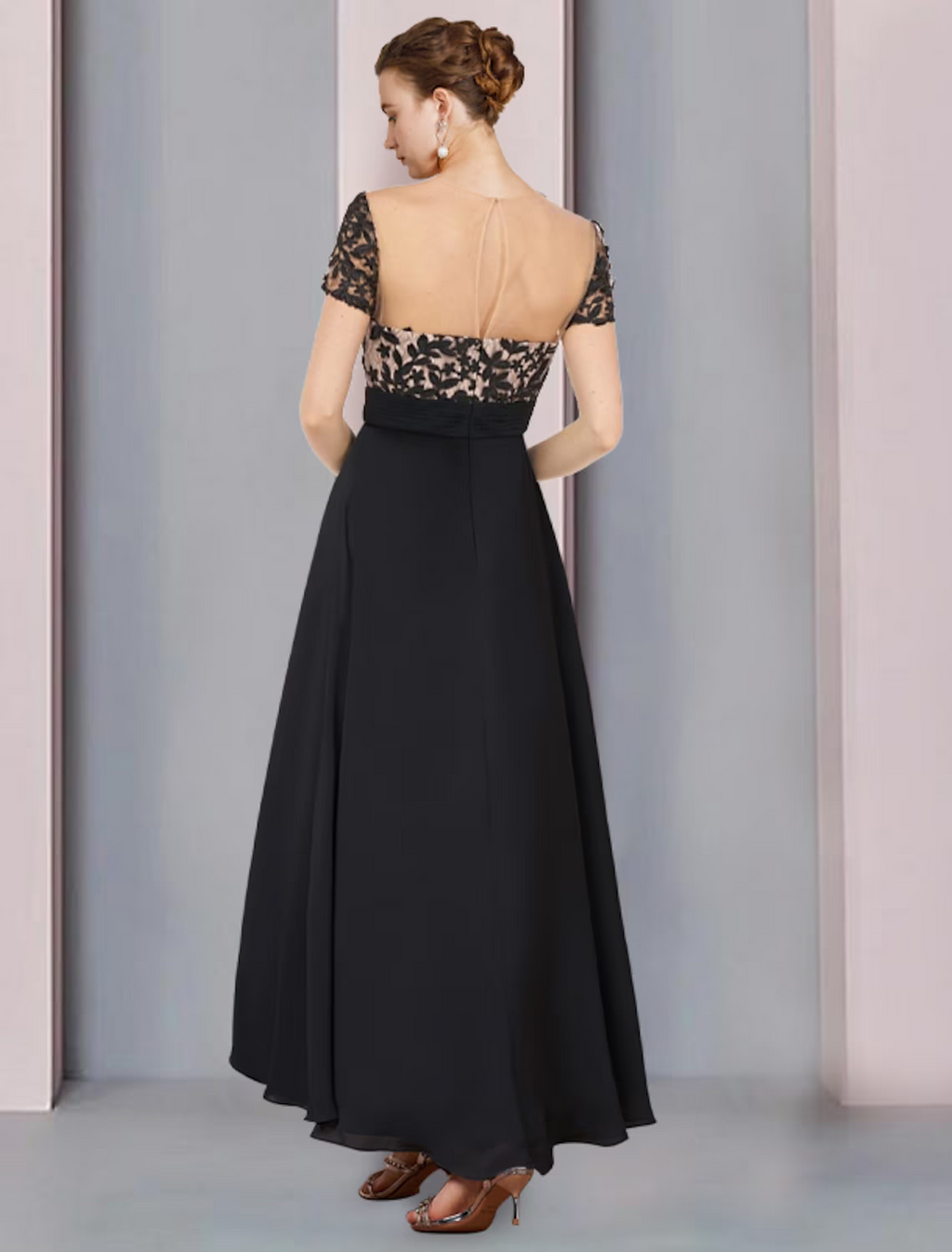 Mother of the Bride Dress Wedding Guest Vintage Elegant Scoop Neck Asymmetrical Short Sleeve with Pleats