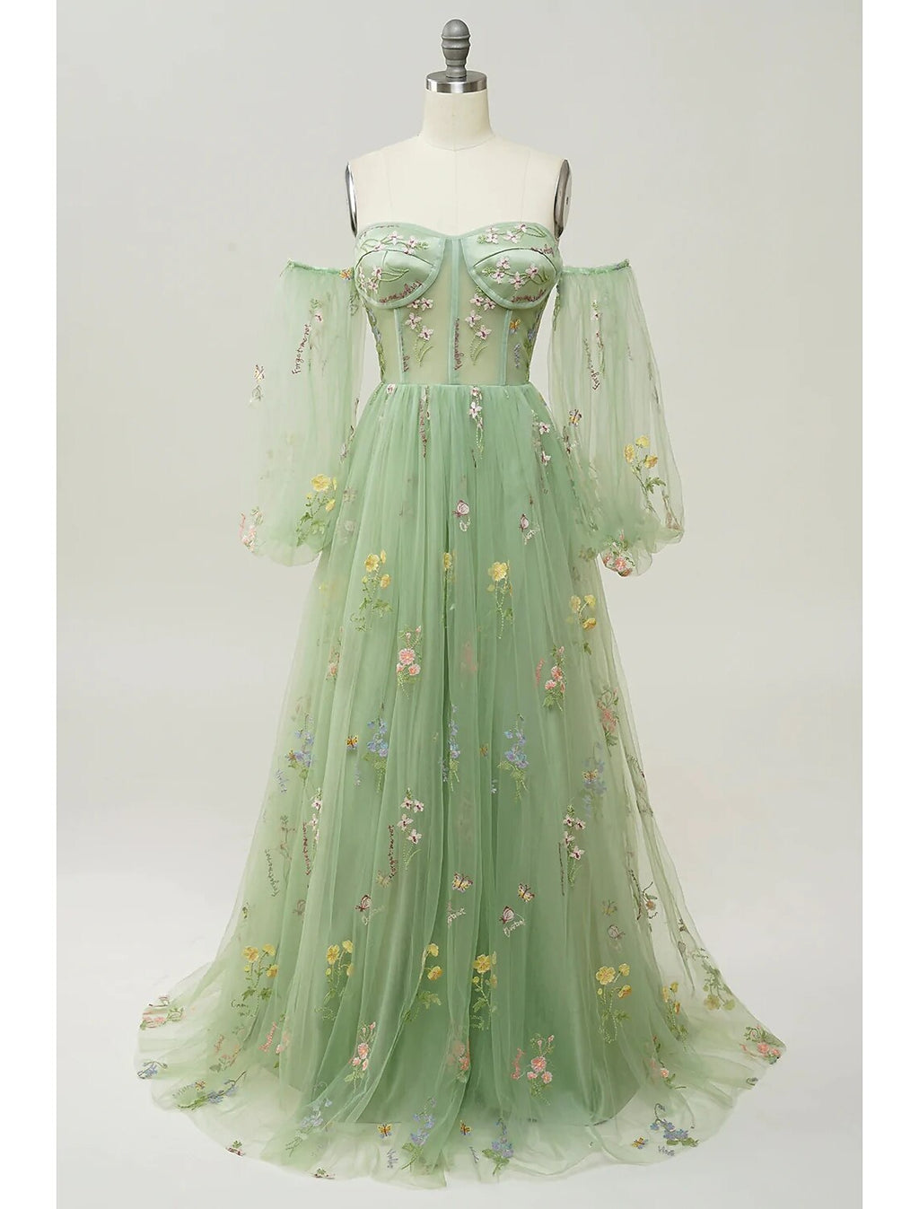 Evening Gown Floral Dress Formal Floor Length Long Sleeve Sweetheart Backless with Pleats Appliques