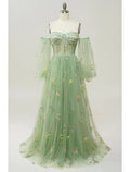 Evening Gown Floral Dress Formal Floor Length Long Sleeve Sweetheart Backless with Pleats Appliques