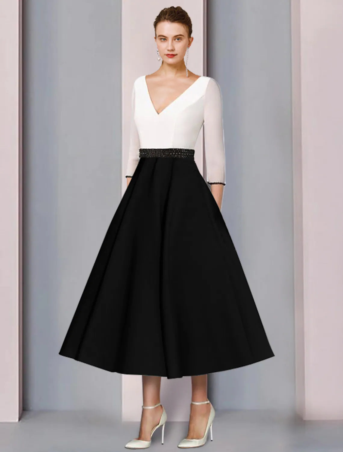 Mother of the Bride Dress Wedding Elegant V Neck Length Short Sleeve Sash Ribbon