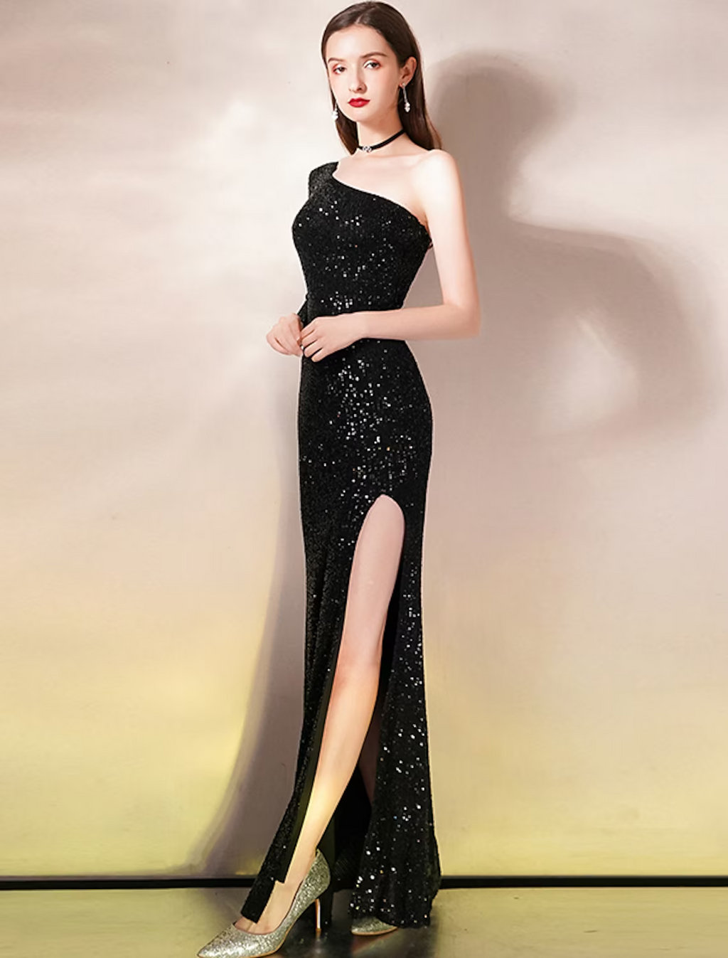 Evening Gown Sparkle Dress Wedding Guest Floor Length Sleeveless One Shoulder with Slit